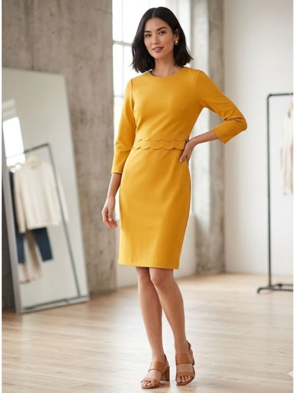 Banana Republic Dress Size 8 Mustard Scalloped Waist 3/4 Sleeves Back Zipper
